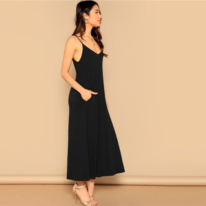 Thumbnail: Pocket Patched Swing Cami Summer Dress Women Clothes Solid Casual Sleeveless Str