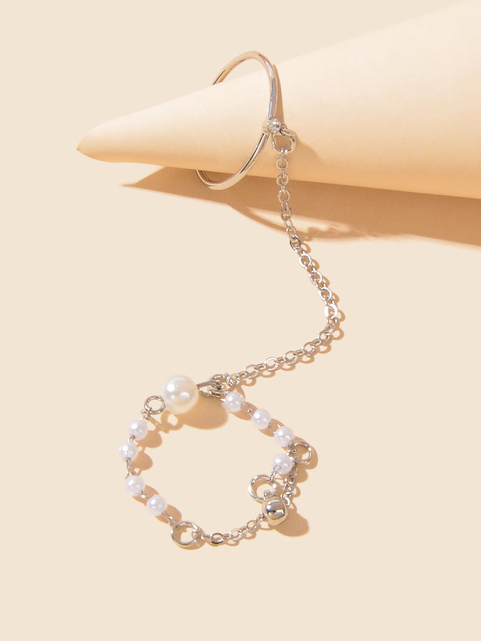 Thumbnail: Pearl Punk Stackable Knuckle Chain Tassel Double Finger Midi Rings