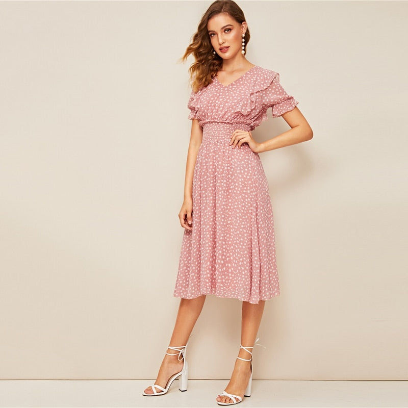 Thumbnail: Pink Ruffle Trim Puff Sleeve Shirred Waist Summer Boho Dress Fit and Flare Dress
