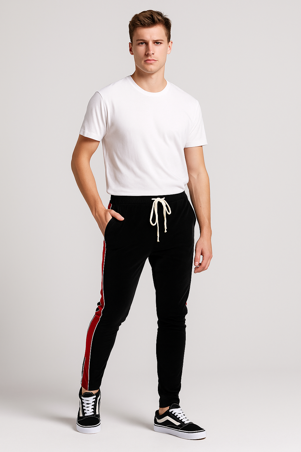 Velvet Slim-Fit Track Pants – Black & Crimson Stripe
