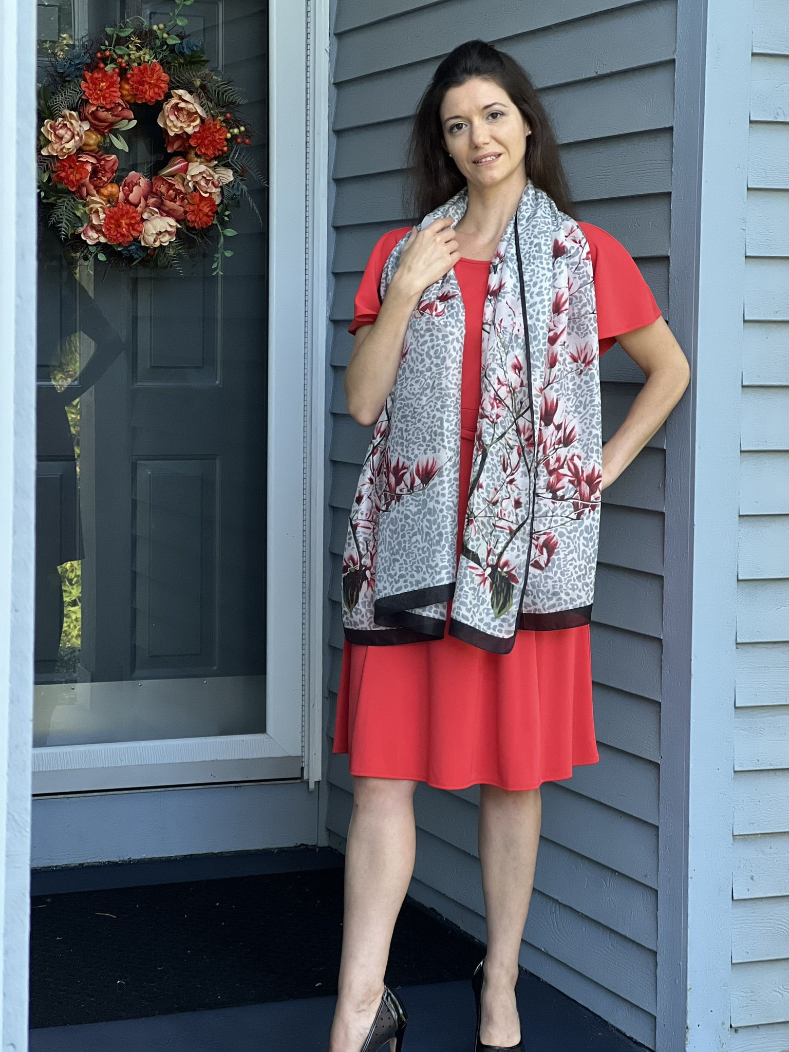 Gray and Black Silk Print Large Scarf