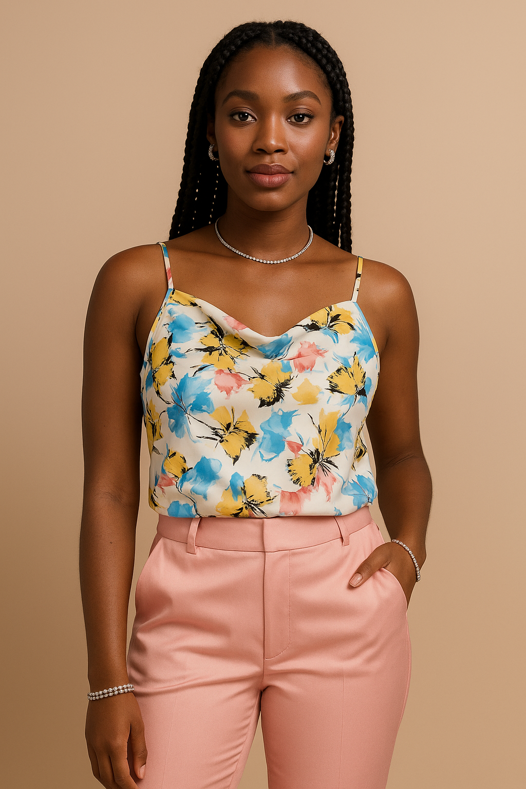 Luxe Floral Satin Cowl Tank – Made in USA