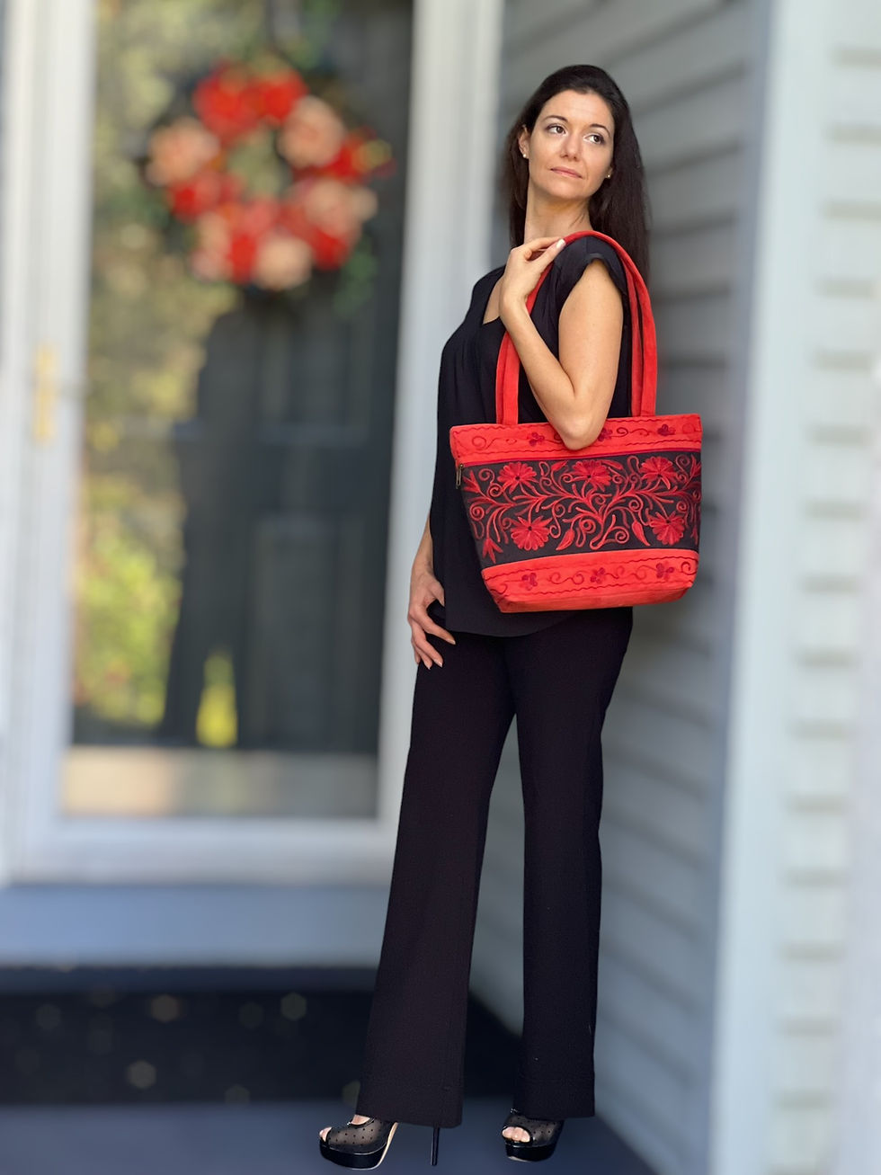 Thumbnail: Handmade Red Suede Embroidered Tote Bag