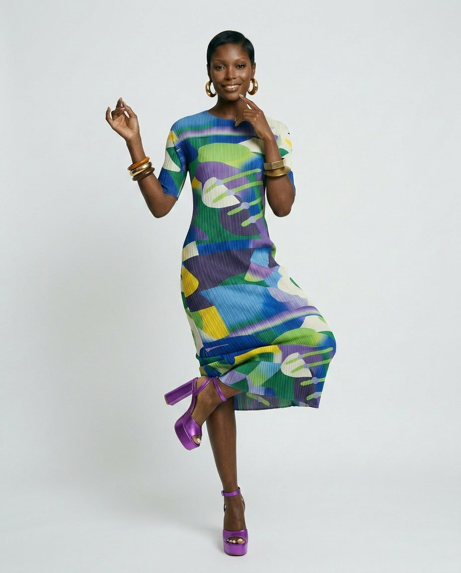 Thumbnail: Vibrant Abstract Pleated Midi Dress