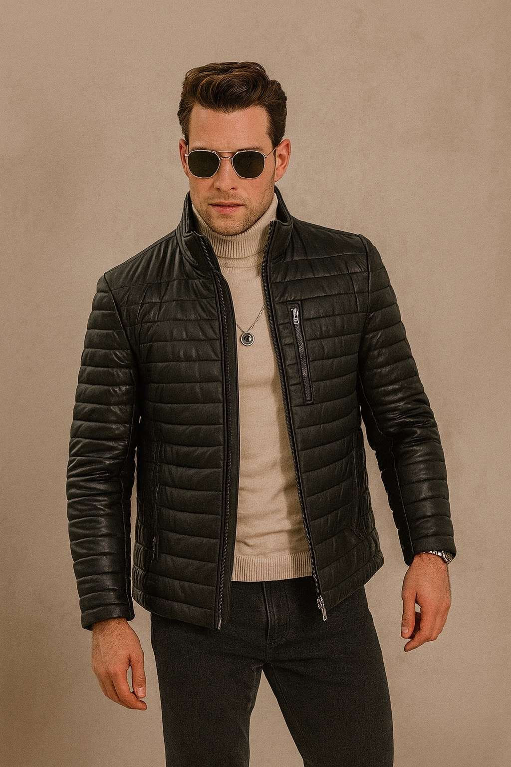 Alluforu Flavor Men’s Lambskin Leather Puffer Coat with Detachable Fur Collar