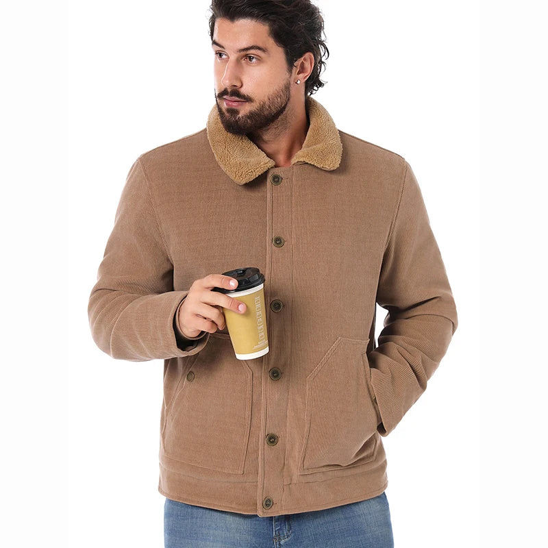 Thumbnail: Men's Winter Corduroy Jacket Warm Fleece Lined Cargo Work Coat Casual Thick Sher