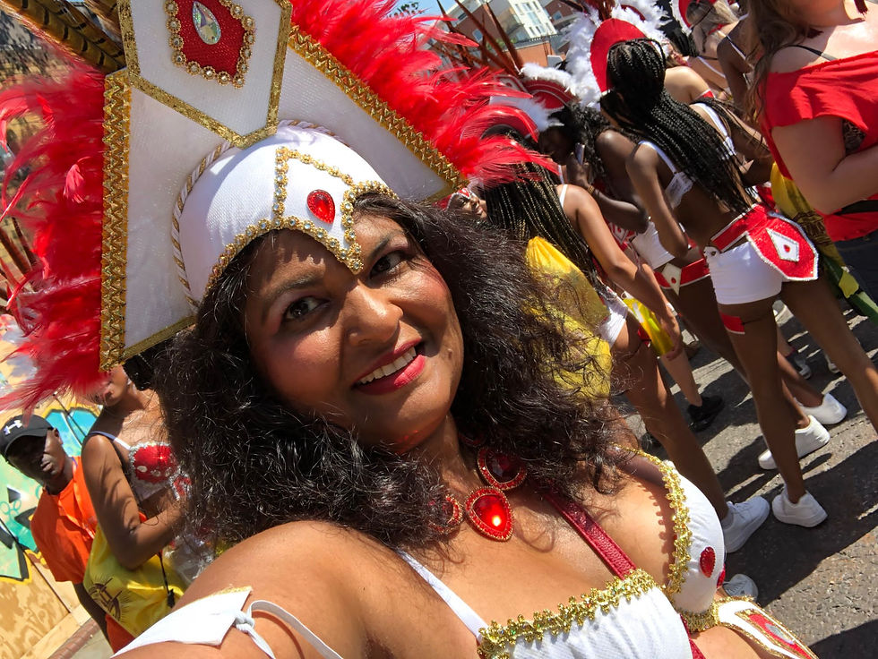woman in costume playing carnival - Notting Hill Carnival