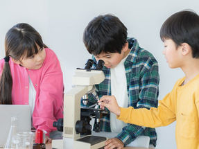 顕微鏡で観察する小学生