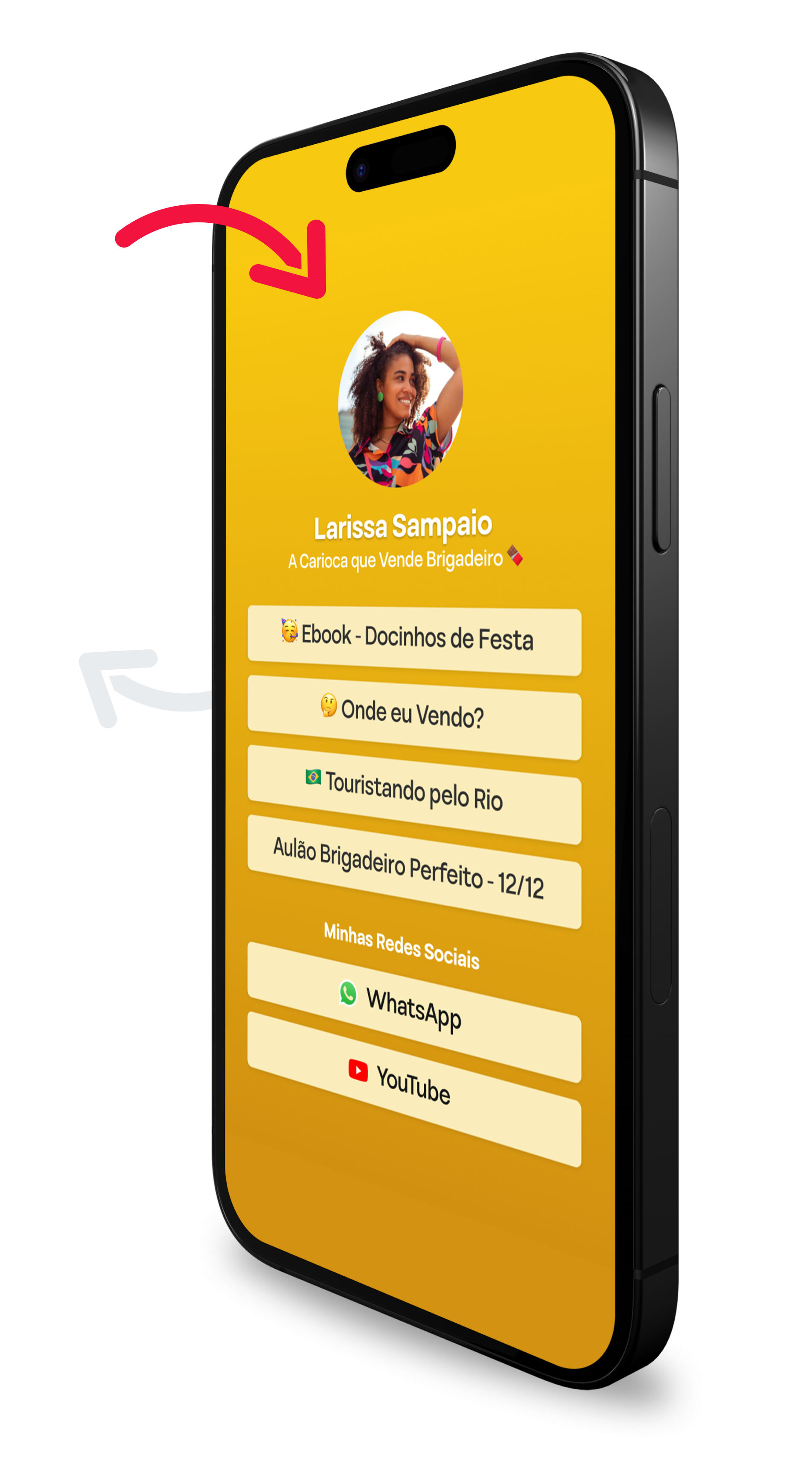 Interface do Link B exibida em smartphone mostrando página de perfil personalizada com botões de redes sociais, links para produtos e design moderno em tons pastéis