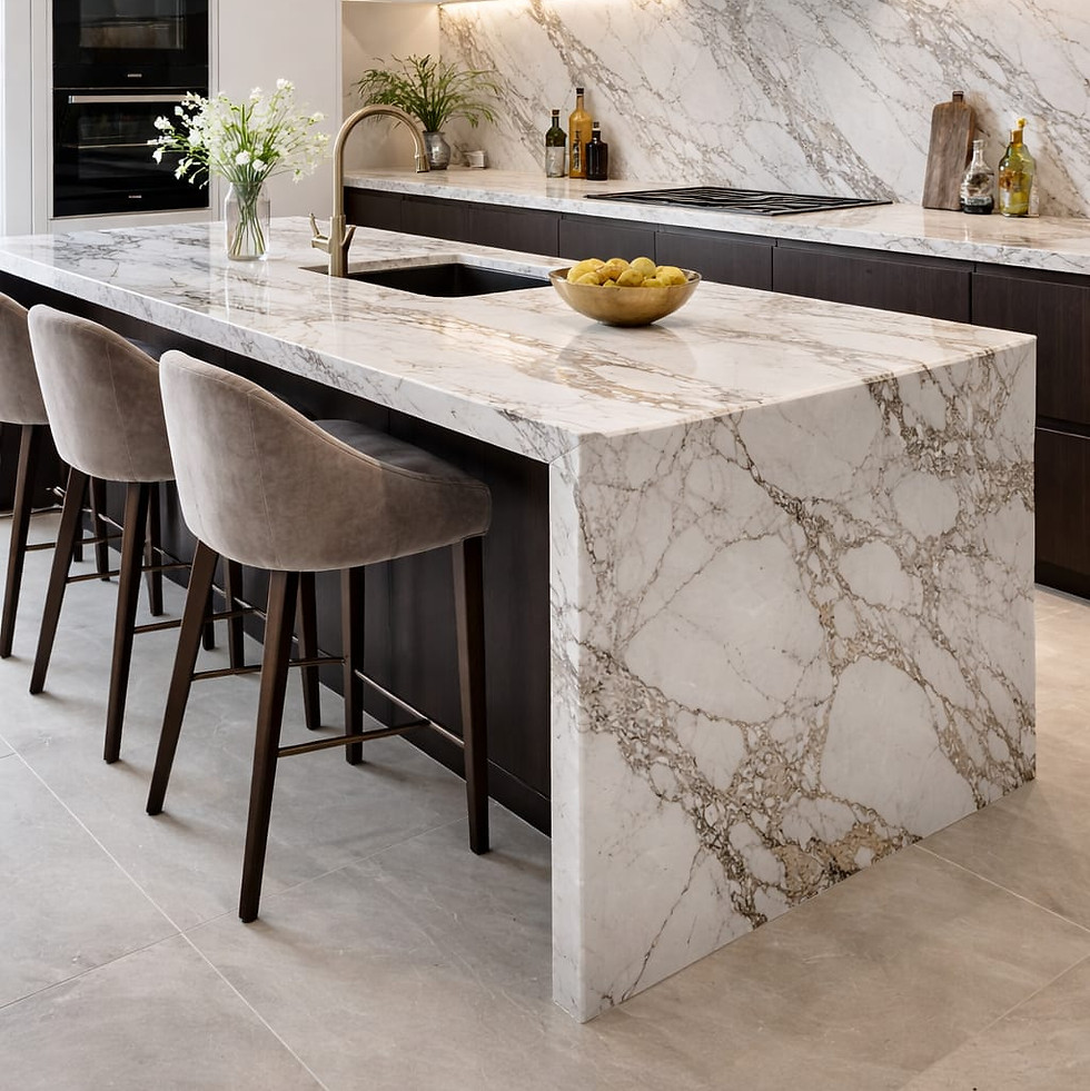 Luxury kitchen island with bespoke marble worktop and basin
