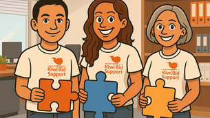 Kiwi Bid Support Team holding puzzle pieces together showing core values