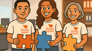 Kiwi Bid Support Team holding puzzle pieces together showing core values