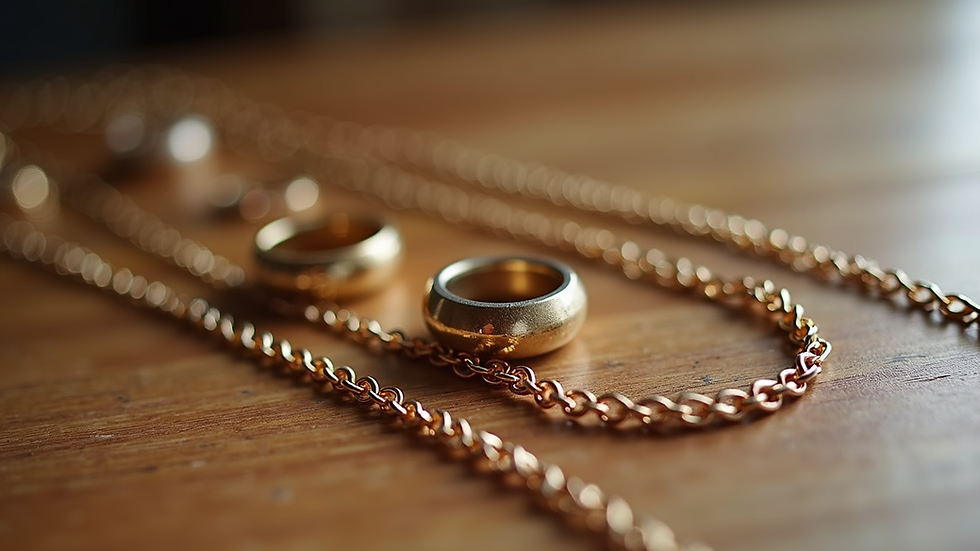 Close-up view of layered necklaces and chunky rings on a wooden table