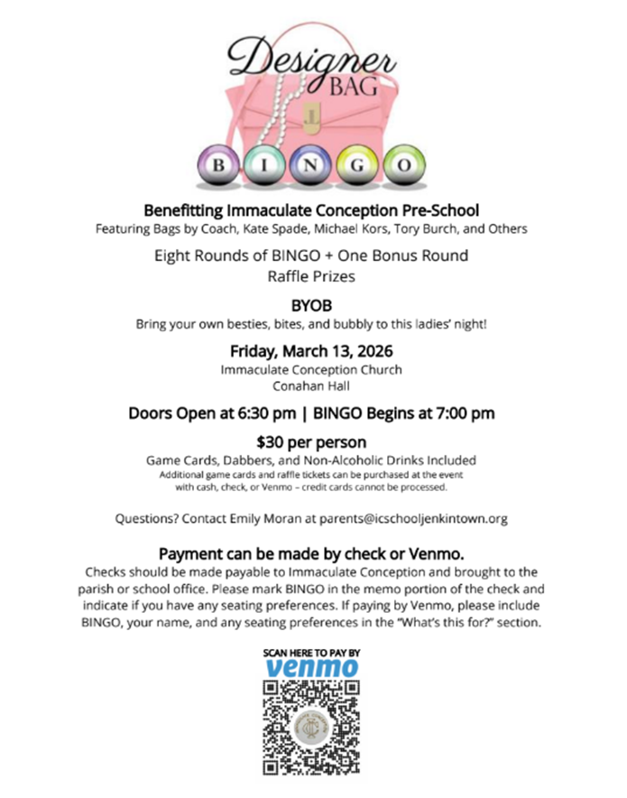Mark your calendars....Designer Bag Bingo is back!! This yearly event is a hit for the women of IC and benefits our Preschool....join us on Friday, March 13, 2026.