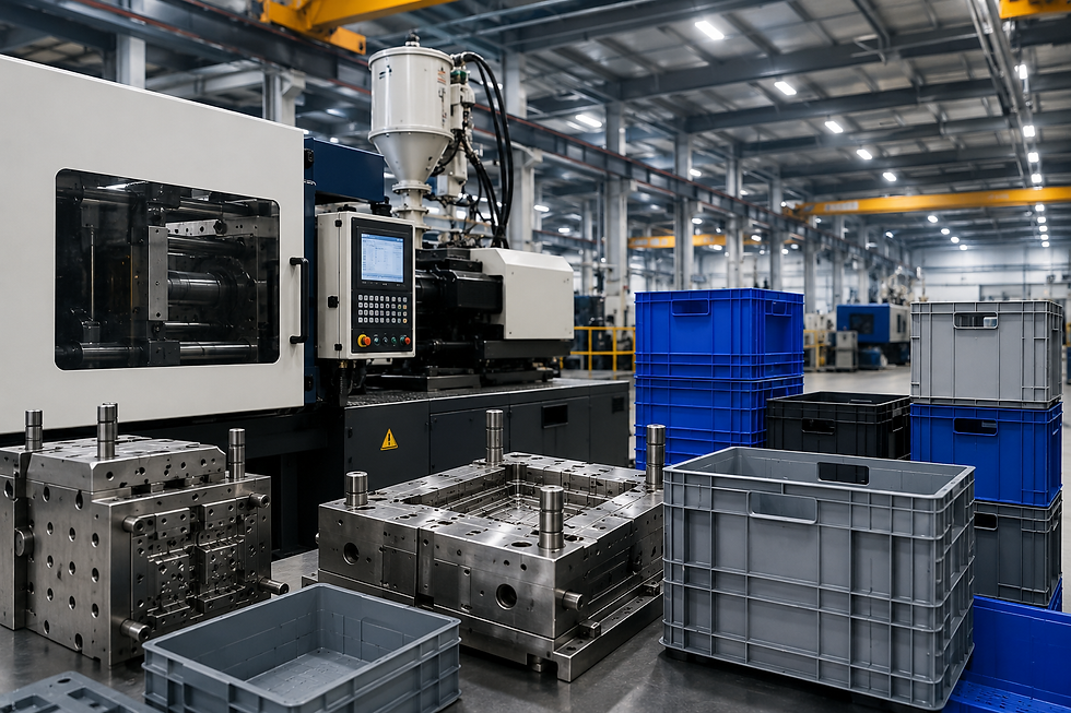 Join Plastic injection molding factory with molds and reusable industrial containers