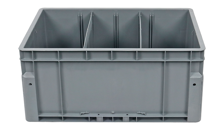 Gray plastic tote with an open top