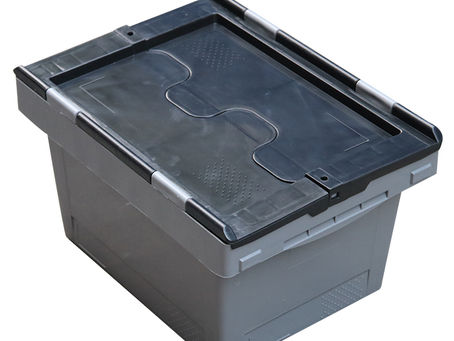 Gray attached-lid plastic distribution tote for warehouse picking, retail replenishment and return logistics