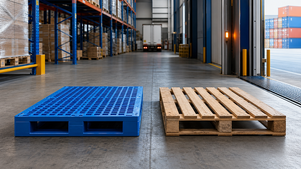 Blue plastic pallet beside a wood pallet in a modern export warehouse