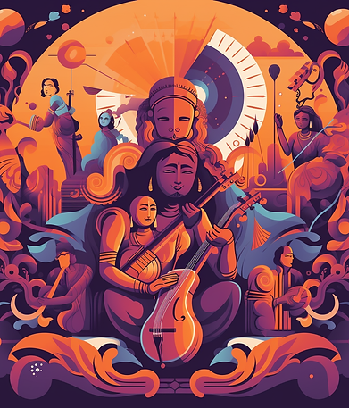 an abstract art image of people playing eastern string instruments