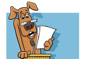 Cartoon dog at a podium reading notes, speaking into a mic against a blue background.