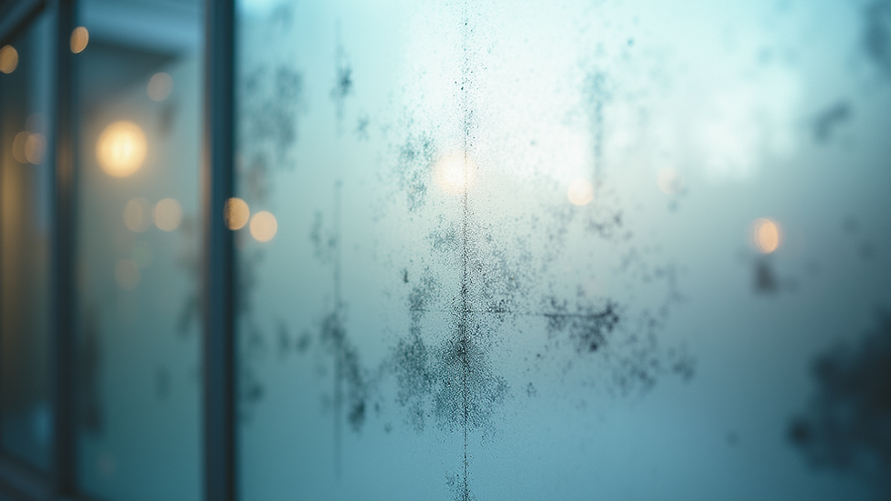 Eye-level view of frosted glass window with geometric patterns
