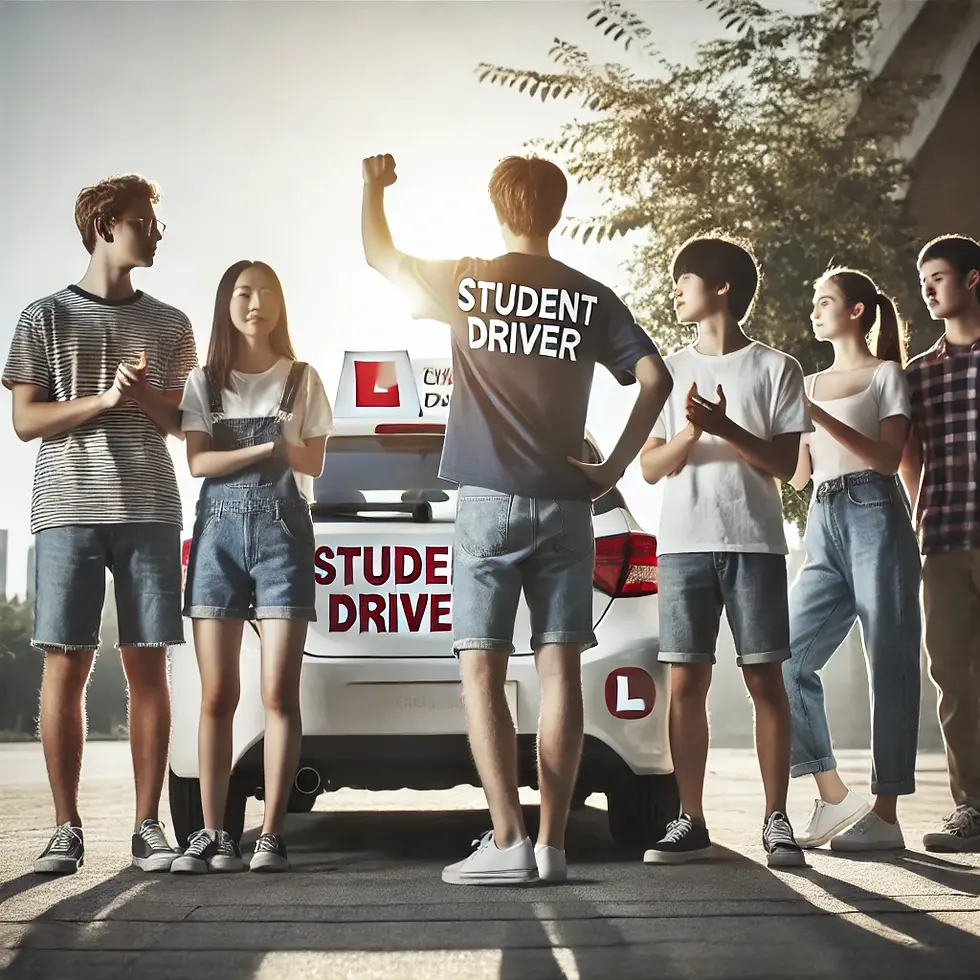 A group of students standing near a marked 'Student Driver' car with their driving instructor in a sunny outdoor setting, highlighting the success of drivers ed programs.