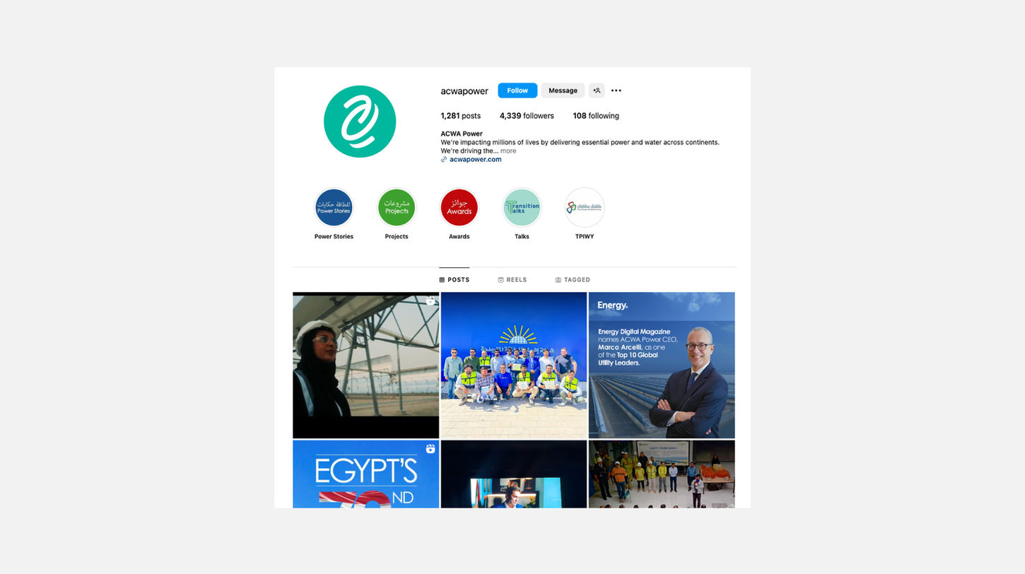 acwa power brand icon used as the instagram profile image, demonstrating how effectively it works in a small space.