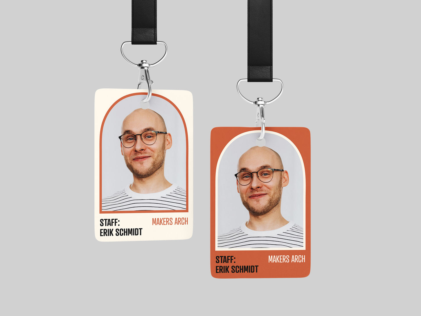 makers arch staff id card designed to reflect the brand identity. the arch from the logo is used as a graphic device to frame the staff profile picture, with key member details presented at the bottom.