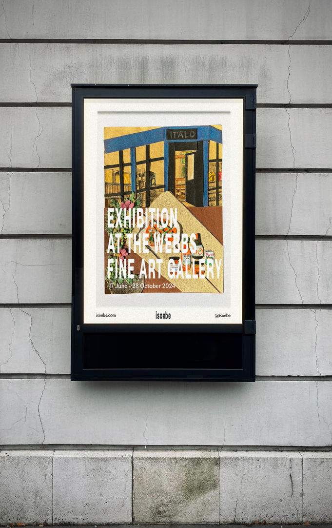 Isoebe Archive exhibition poster promoting the artist’s shows, with key event details in the brand’s typeface and a large print of artist’s collage as the backdrop.