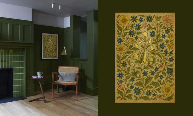 12 Hans Road print design displayed in the reception area, complementing the interior design.