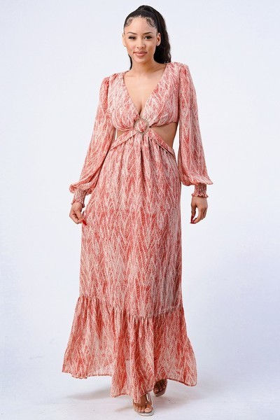 Thumbnail: V Neck Belted Side Cut Out Ruffled Maxi Dress