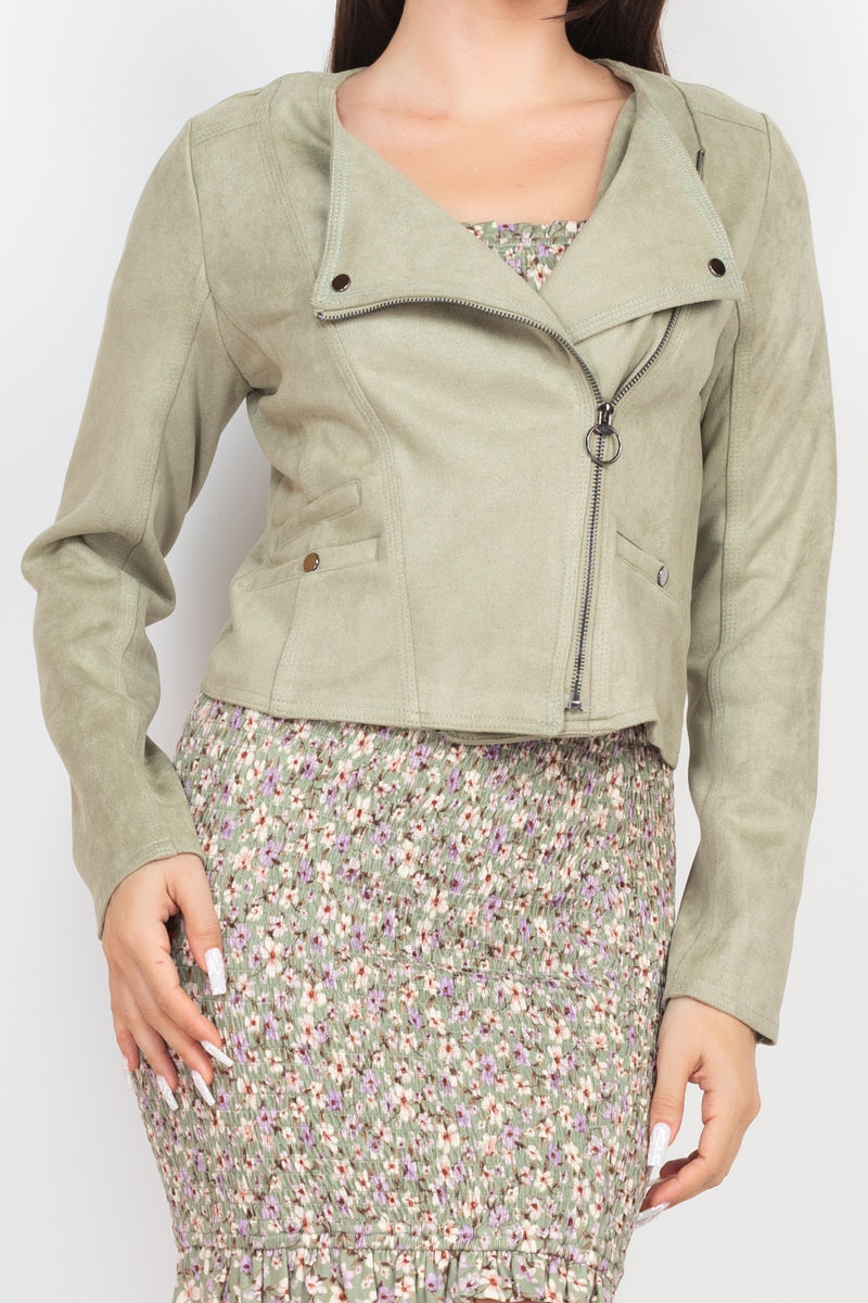 Thumbnail: Cropped Zip-up Moto Suede Jacket