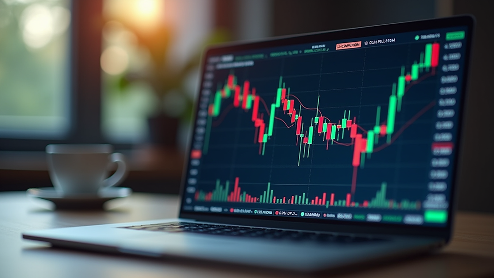 Eye-level view of a laptop displaying stock market charts
