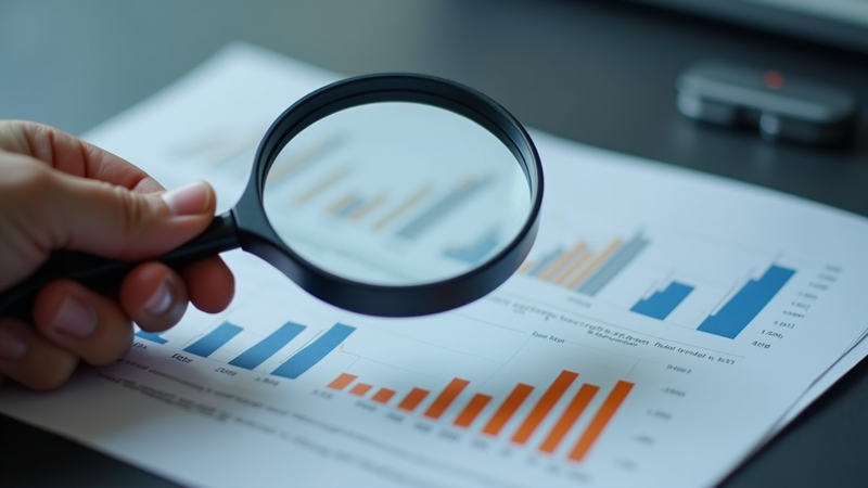 Magnifying glass examining stock charts