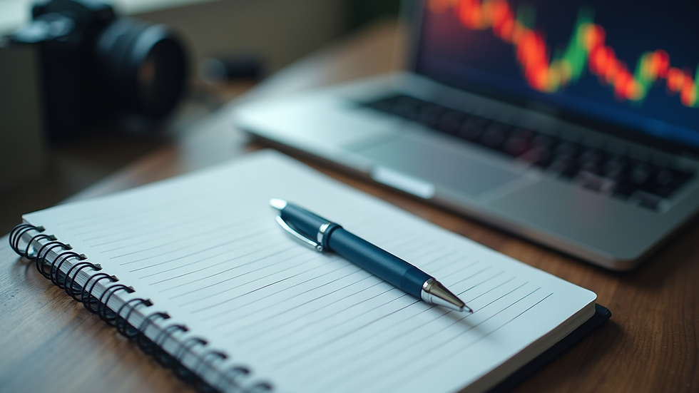 High angle view of a notebook and pen next to a laptop with stock market data