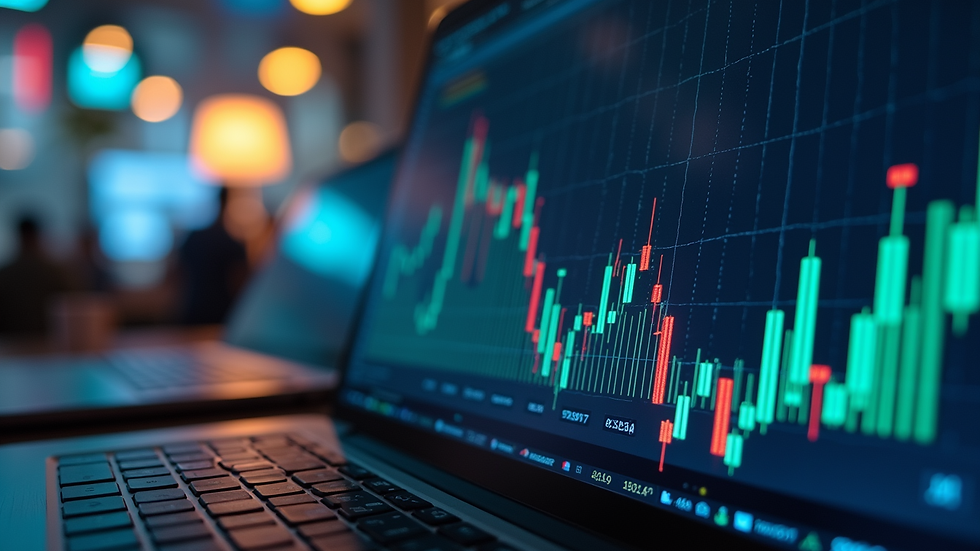 Eye-level view of a laptop screen showing stock market charts