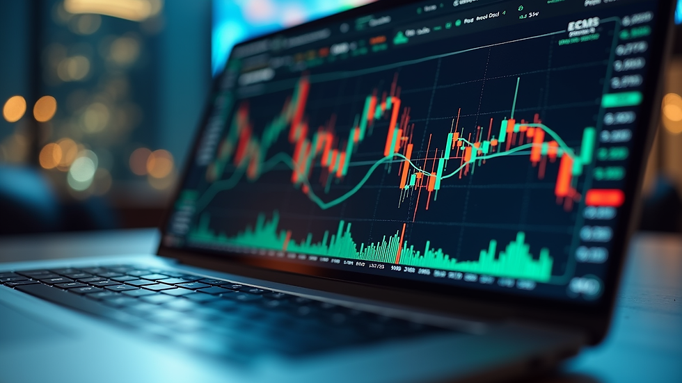 Eye-level view of a laptop screen showing stock market charts