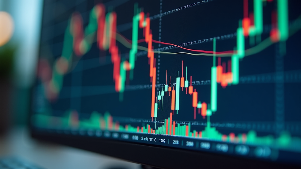 Eye-level view of a computer screen showing stock market charts