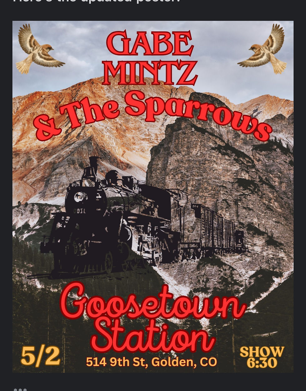 🎶🎸🙌🏽🎉🖤Gabe  Mintz & the Sparrows!!   Fri May 2 Music 6:30 Cover $10 