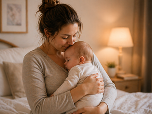 Mother cuddling her sleeping baby in a softly lit bedroom — baby sleep consultant near Reading, Berkshire