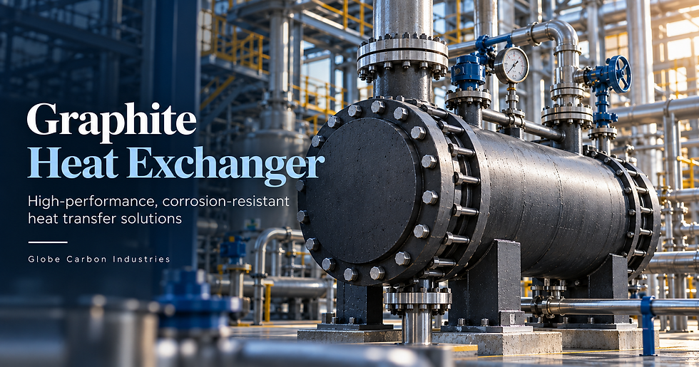 Graphite heat exchanger installed in an industrial chemical processing plant with piping, valves, and pressure gauges.
