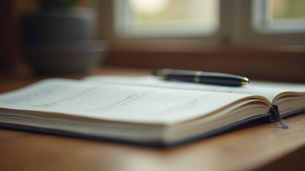 Eye-level view of a journal open on a wooden table with a pen resting on the page