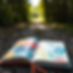 Colorful journal laying open on a path that leads to nature. On the top of the journal, ju