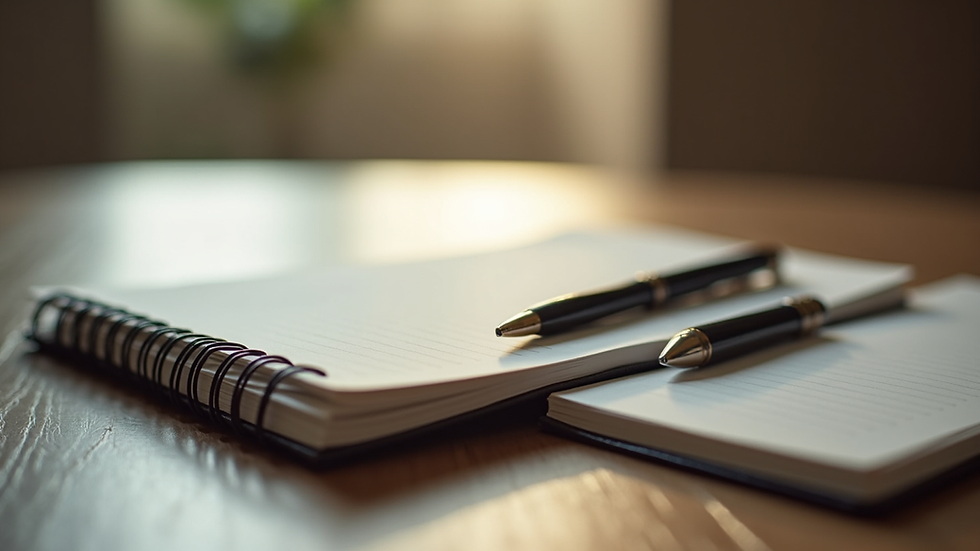 Close-up of two journals and pens on a table, symbolizing shared writing between partners