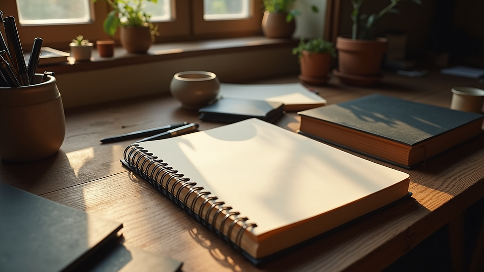 High angle view of a cozy workshop space with journals, pens, and soft lighting