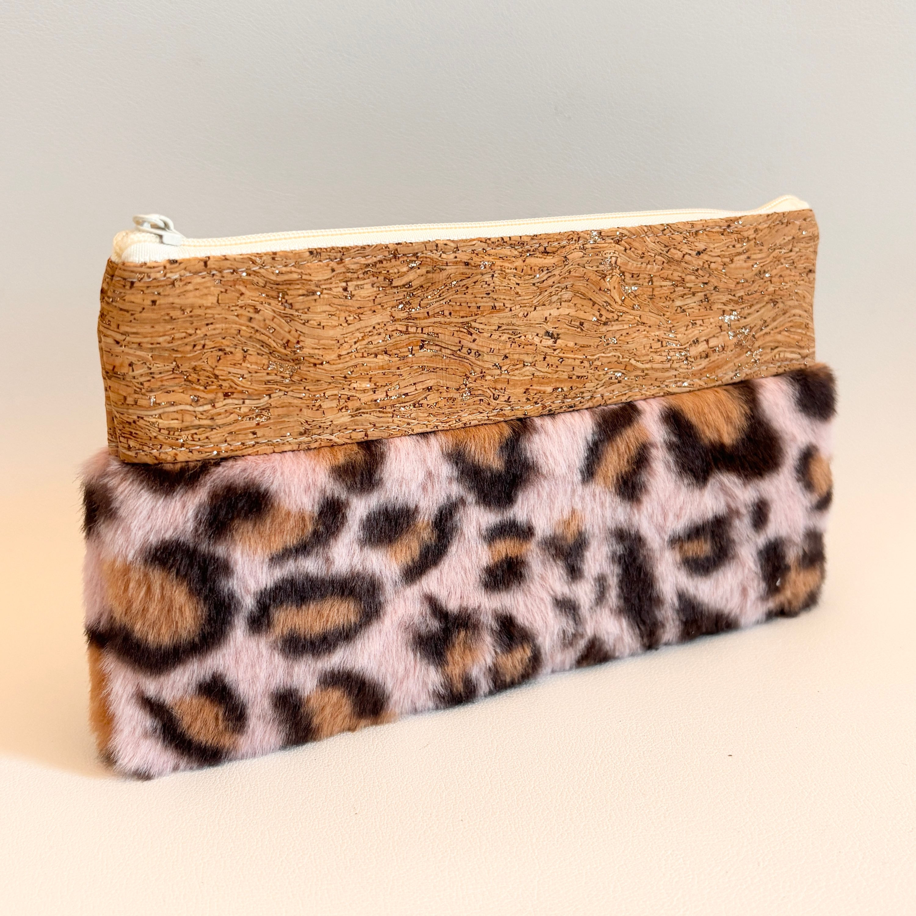 Pochette Mix Large - Liège et fausse fourrure léopard rose