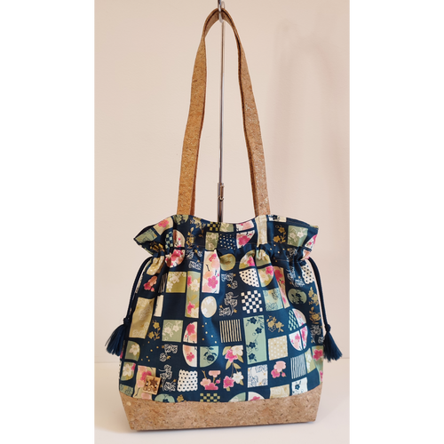 Tote bag Tulipe Coton japonais Fleurs et carreaux bleu moyen