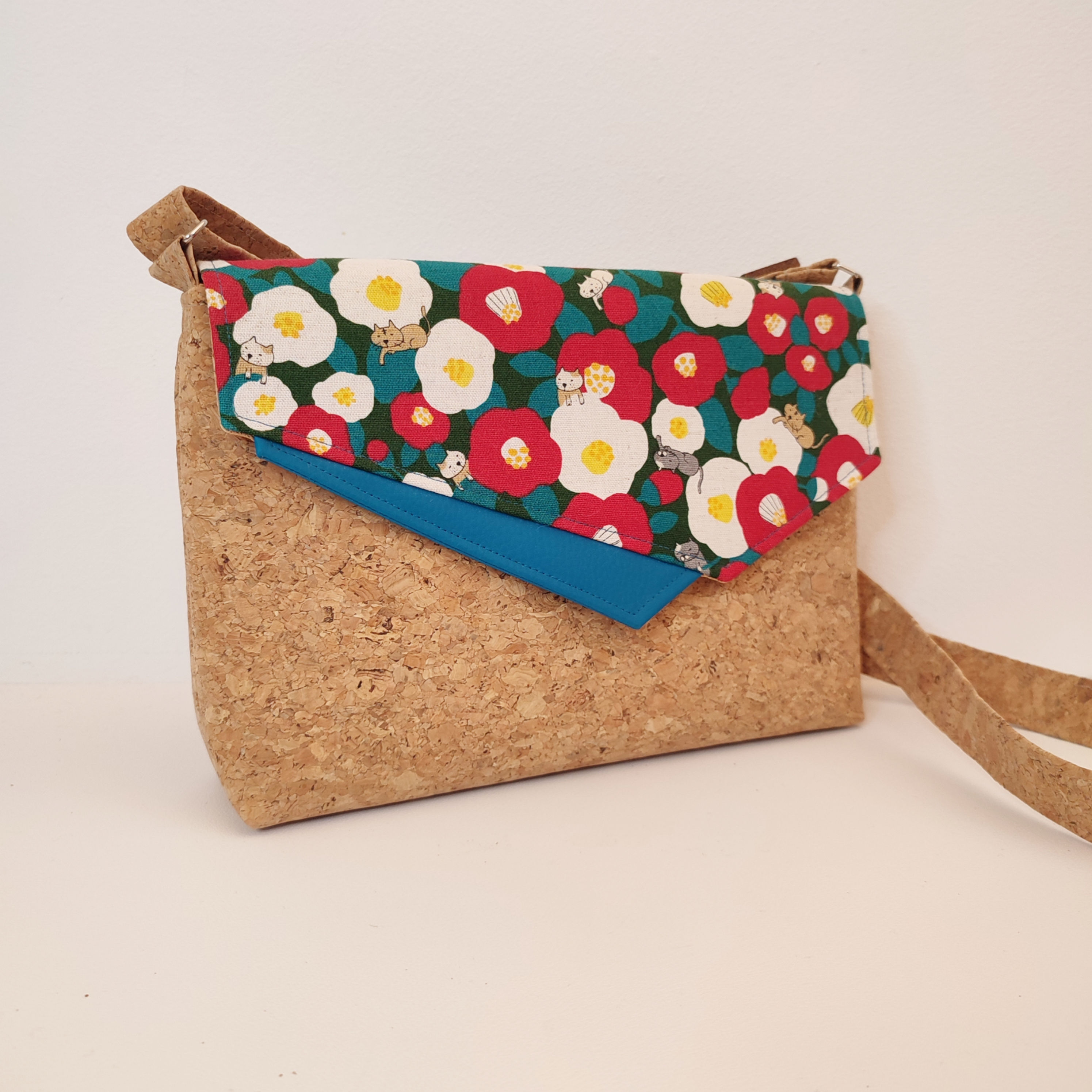 Sac Oxalis - Coton japonais Camélias et chats - bleu