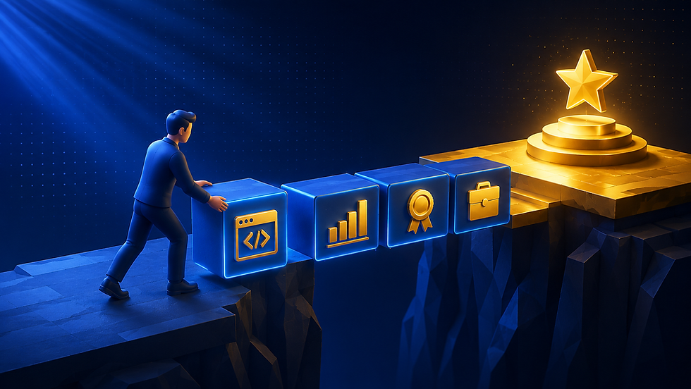 Illustration of a figure bridging a gap by stacking proof-of-work blocks, representing building experience without a job.