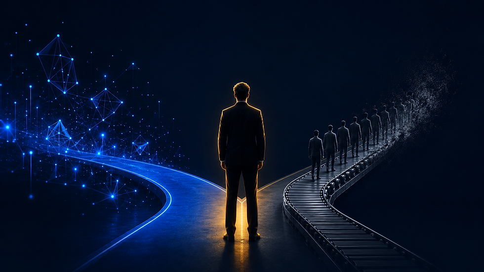 Editorial 3D illustration of a professional at a fork between an AI-augmented path and an automated one, navy background with blue and gold palette.